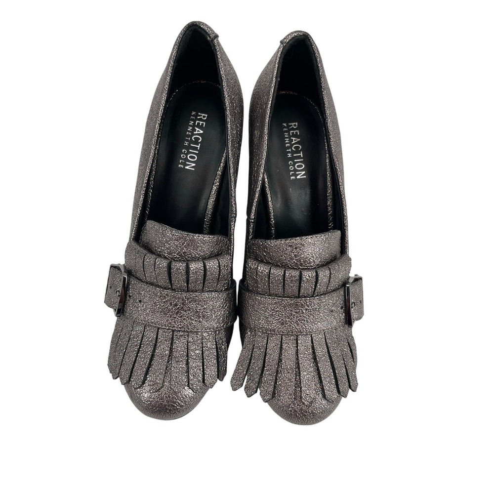 Kenneth Cole Reaction Metallic Pewter Kiltie Fringe Block Heel Loafer Pumps 8.5 - Picture 2 of 7